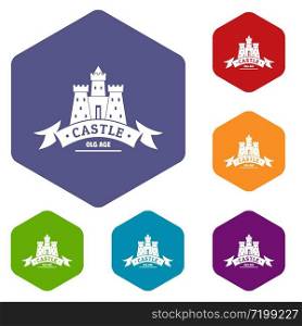 Royal castle icons vector colorful hexahedron set collection isolated on white . Royal castle icons vector hexahedron