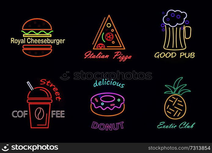 Royal cheeseburger and italian pizza, good pub and street coffee delicious donut and elite club, neon signs collection isolated on vector illustration. Royal Cheeseburger and Pizza Vector Illustration