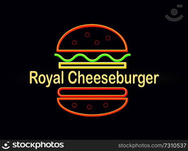 Royal cheeseburger cafe bright neon street promo signboard with sign in middle of burger isolated cartoon vector illustration on dark background.. Royal Cheeseburger Bright Neon Street Signboard