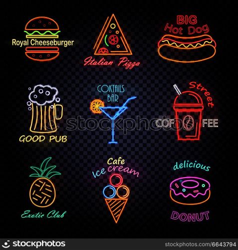 Royal cheeseburger, good pub, food and drinks neon labels with icons of pizza and ice-cream vector illustration isolated on transparent background. Royal Cheeseburger Neon Labels Vector Illustration