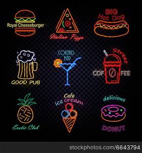 Royal cheeseburger, good pub, food and drinks neon labels with icons of pizza and ice-cream vector illustration isolated on transparent background. Royal Cheeseburger Neon Labels Vector Illustration