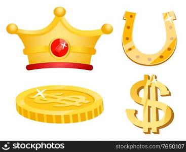 Royal crown decorated with gemstone vector, isolated icons of wealthy items. Golden horseshoe and coin with sparkling gleam, dollar symbol money set. Golden Dollar Coin, Horseshoe and Royal Crown