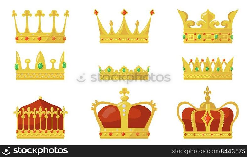 Royal crown set. King or queen authority symbol, gold jewel for prince and princess. For monarchy, jewelry, kingdom concept