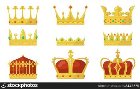 Royal crown set. King or queen authority symbol, gold jewel for prince and princess. For monarchy, jewelry, kingdom concept