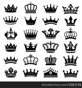 Royal crown silhouette. King crowns, majestic coronet and luxury tiara silhouettes. royal queens crown or princess jewelry heraldic hat insignia. Isolated vector symbols set. Royal crown silhouette. King crowns, majestic coronet and luxury tiara silhouettes vector set