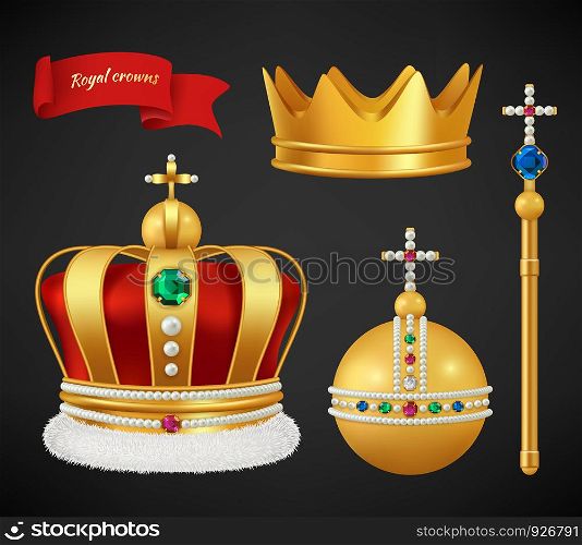 Royal crowns. Luxury premium medieval gold symbols of monarchy scepter antique diadem diamonds and jewels vector realistic pictures. Royal medieval golden crown, monarchy authority symbol illustration. Royal crowns. Luxury premium medieval gold symbols of monarchy scepter antique diadem diamonds and jewels vector realistic pictures