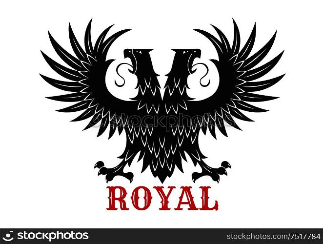 Royal eagle icon with mythical double headed black bird standing with wings spread. Symbol of courage and power for heraldic coats of arms or tattoo design usage. Royal double headed eagle black heraldic symbol