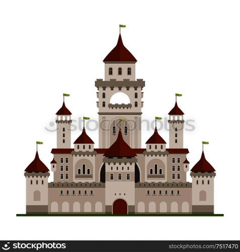Royal family residence symbol of grey stone castle with guard walls and main palace with towers, arched terraces and conical turrets with green flags. Medieval architecture and traveling themes design. Royal family castle with guard walls, main palace