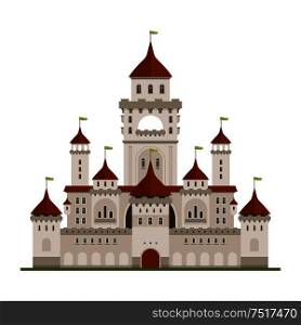 Royal family residence symbol of grey stone castle with guard walls and main palace with towers, arched terraces and conical turrets with green flags. Medieval architecture and traveling themes design. Royal family castle with guard walls, main palace
