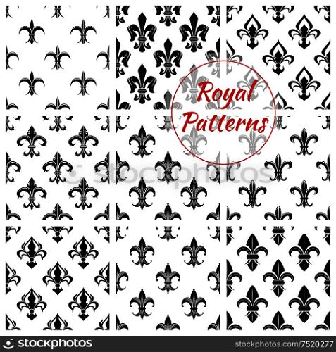 Royal fleur-de-lis seamless patterns with set of floral background with black and white french heraldic lily flowers. Wallpaper or fabric print, monarchy theme design. Royal fleur-de-lis floral seamless patterns