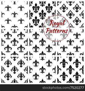 Royal fleur-de-lis seamless patterns with set of floral background with black and white french heraldic lily flowers. Wallpaper or fabric print, monarchy theme design. Royal fleur-de-lis floral seamless patterns