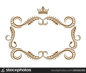 Royal frame with crown, medieval vector embellishment border with flourishes ornament. Elegant vintage template for wedding invitation, decoration in heralding style isolated on white background. Royal frame with crown, medieval vector border