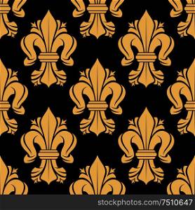Royal french floral seamless pattern with beige fleur-de-lis-flowers on black background, for luxury interior or textile design. Beige and black fleur-de-lis floral pattern