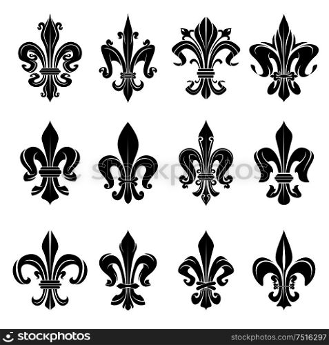 Royal french heraldry design elements for coat of arms, emblem or medieval design with black fleur-de-lis symbols adorned by decorative floral ornaments. Black medieval royal fleur-de-lis symbols