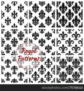 Royal french lily seamless backgrounds. Wallpaper with black vector pattern icons of heraldic fleur-de-lis on white background. Royal french lily seamless pattern backgrounds