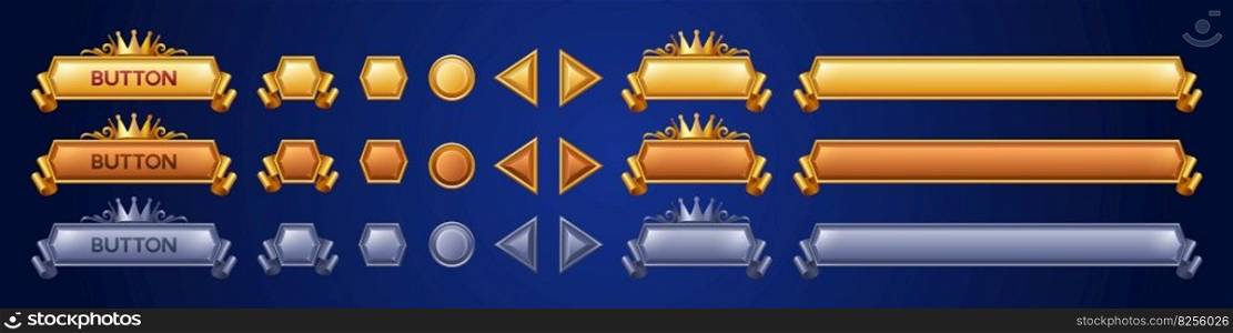 Royal game buttons animation set. Vector cartoon illustration of golden, silver gui frames decorated with crown and ribbons. Play, start, login, settings long and short bars, click action sprite sheet. Royal game buttons animation set