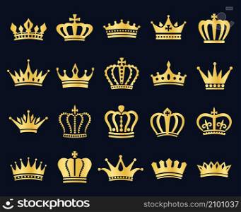 Royal gold king crowns icon silhouette, heraldic crown elements. Vintage royalty symbol, golden queen diadem, princess tiara vector icon set. Elegant award, majestic symbol of wealth. Royal gold king crowns icon silhouette, heraldic crown elements. Vintage royalty symbol, golden queen diadem, princess tiara vector icon set