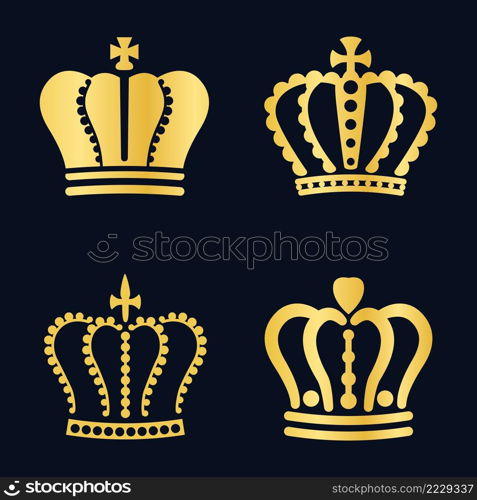 Royal gold king crowns icons. Royalty family symbol, golden queen and king diadem, majestic element of nobility and aristocracy. Heraldic jewel crown silhouette for logo isolated vector set. Royal gold king crowns icons. Royalty family symbol, golden queen and king diadem, majestic element of nobility