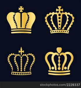 Royal gold king crowns icons. Royalty family symbol, golden queen and king diadem, majestic element of nobility and aristocracy. Heraldic jewel crown silhouette for logo isolated vector set. Royal gold king crowns icons. Royalty family symbol, golden queen and king diadem, majestic element of nobility