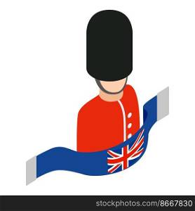 Royal guard icon isometric vector. British soldier in red uniform and uk flag. Honor guard, tradition, culture, history. Royal guard icon isometric vector. British soldier in red uniform and uk flag