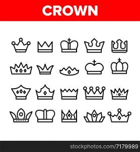 Royal Headwear, Crowns And Tiaras Vector Icons Set. Luxury Of The Monarch Family, Generation. Golden Crown With Jewels And Decoration Outline. Antique, Medieval Authority Symbol Thin Line Illustration. Royal Headwear, Crowns And Tiaras Vector Icons Set