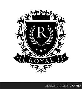 Royal. Heraldic emblem shield with crown and laurel wreath. Coat Arms Vintage Brand Crest Heraldic Emblem Shield. Vector illustration