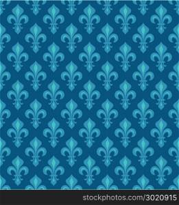 Royal Heraldic Lilies (Fleur-de-lis) ? azure cerulean blue sky velvet, seamless pattern, wallpaper background.