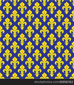 Royal Heraldic Lilies (Fleur-de-lis) ? dark blue yellow/violet velvet, seamless pattern, wallpaper background.
