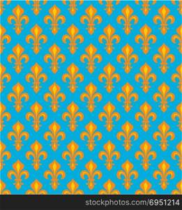 Royal Heraldic Lilies (Fleur-de-lis) ? joyous cerulean azure cyan/orange velvet, seamless pattern, wallpaper background.
