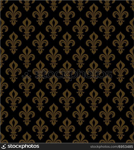 Royal Heraldic Lilies (Fleur-de-lis) ? Rich black golden bronze copper velvet, seamless pattern, wallpaper background.