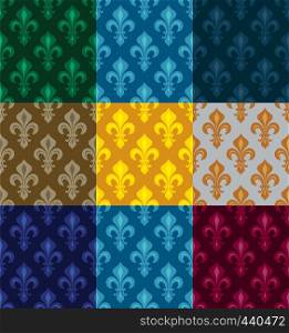 Royal Heraldic Lilies (Fleur de lis) -- Rich colorful wallpaper, fabric textile, seamless pattern, set of 9 versicolored tiles.