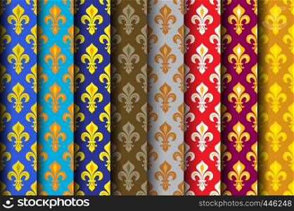 Royal Heraldic Lilies (Fleur de lis) -- Rich colorful wallpaper, fabric textile, seamless pattern, set of 8 versicolored rolls.