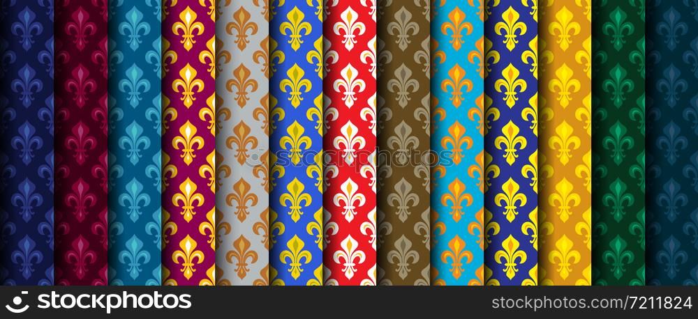 Royal Heraldic Lilies (Fleur de lis) -- Rich colorful wallpaper, fabric textile, seamless pattern, set of 13 versicolored rolls.