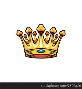 Royal king golden crown with jewelry. Vector king or queen nobility symbol, heraldry regal or award. King or queen crown isolated royalty symbol