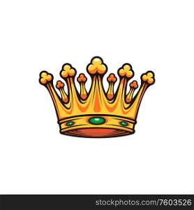 Royal king golden crown with jewelry. Vector king or queen nobility symbol, heraldry regal or award. King or queen crown isolated royalty symbol