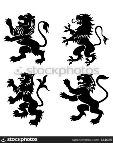 Royal lions silhouettes set for heraldic design. Vector illustration. Royal heraldic lions
