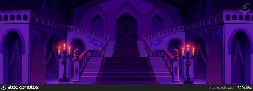 Royal palace hallway with stairs at night. Vector cartoon illustration of medieval castle interior design with carpet on staircase, chandeliers with candles, gothic door upstairs. Fairytale background. Royal palace hallway with stairs at night