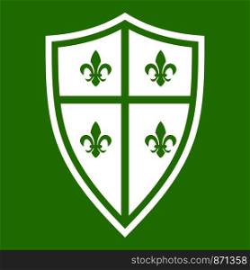 Royal shield icon white isolated on green background. Vector illustration. Royal shield icon green