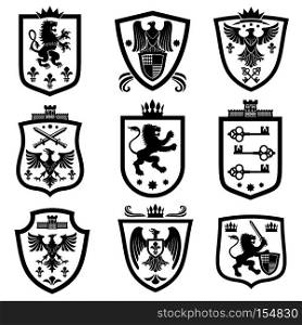Royal shields, nobility heraldry coat of arms vector set. Shield with majestic animals, illustration of shields heraldry. Royal shields, nobility heraldry coat of arms vector set