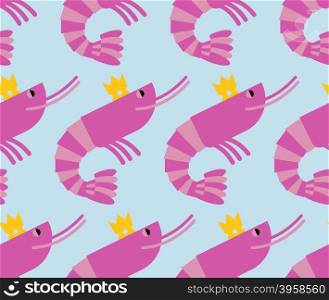 Royal shrimp in Crown of seamless background. Giant sea cancroid for eating. Vector pattern food.