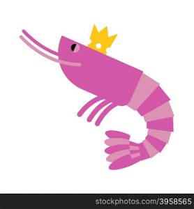 Royal shrimp in gold Crown. Giant sea cancroid. Vector illustration of delicacy food.