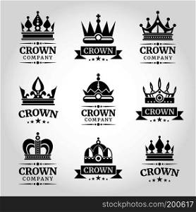 Royal vector crown logo templates set in black and white. Set of emblems with crowns illustration. Royal vector crown logo templates set in black and white