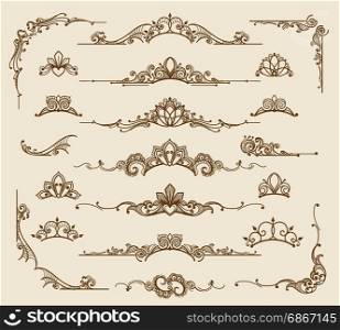 Royal victorian filigree design elements. Royal victorian filigree design elements. Vector retro queen flourish swirls and antique calligraphy borders