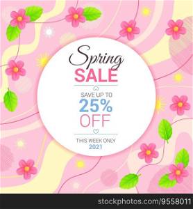 Rpund spring sale banner. Leaves and flowers on abstract pink line background. Fashion discount poster template. Can be used as retail promorion, special price advetising, fyyer layout. Stock vector illustration on flat cartoon style.. Rpund spring sale banner. Leaves and flowers on abstract pink line background. Fashion discount poster template. Can be used as retail promorion, special price advetising, fyyer layout.