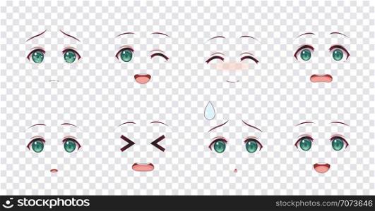Rreal cartoon green eyes of anime manga girls, in Japanese style. Set of various emotions