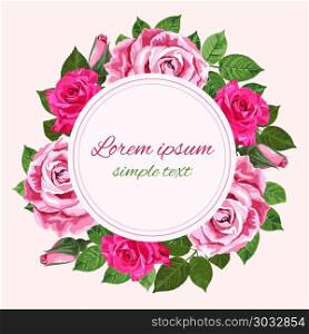 Rred and pink vector roses wreath on the white, copy space. Vector red and pink roses wreath and place for text on the white background. Floral design for greeting card and wedding invitations, copy space