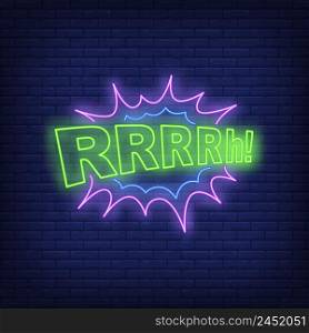 RRRRH lettering neon sign. Word in speech bubble on brick wall background. Vector illustration in neon style for banners, posters, comics