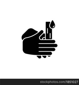 Rub palms together black glyph icon. Rinsing hands under cold running water. Killing germs on palms. Lathering bottom of hands. Silhouette symbol on white space. Vector isolated illustration. Rub palms together black glyph icon