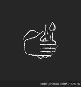 Rub palms together chalk white icon on dark background. Rinsing hands under cold running water. Killing germs on palms. Lathering bottom of hands. Isolated vector chalkboard illustration on black. Rub palms together chalk white icon on dark background