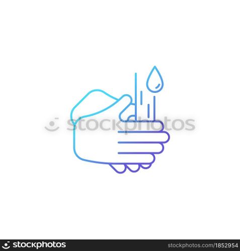 Rub palms together gradient linear vector icon. Rinsing hands under cold running water. Killing germs on palms. Thin line color symbol. Modern style pictogram. Vector isolated outline drawing. Rub palms together gradient linear vector icon